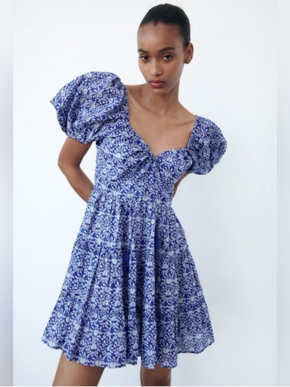 Zara Bloggers Favorite Puff Sleeve Mini Fit & Flare Blue Dress sz XL Extra Large